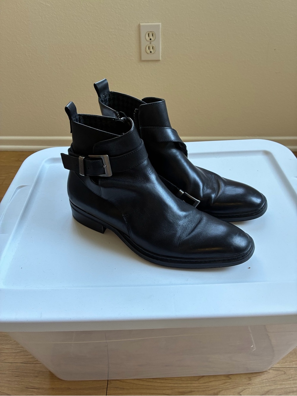 Karl Lagerfeld Black Leather Ankle Boots with Buckle Strap
